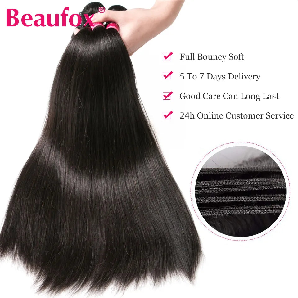 Beaufox Peruvian Hair Bundles Straight Human Hair Weave Bundles Remy Hair Extension Natural Black 1/3/4 Pcs 8-30 Inches