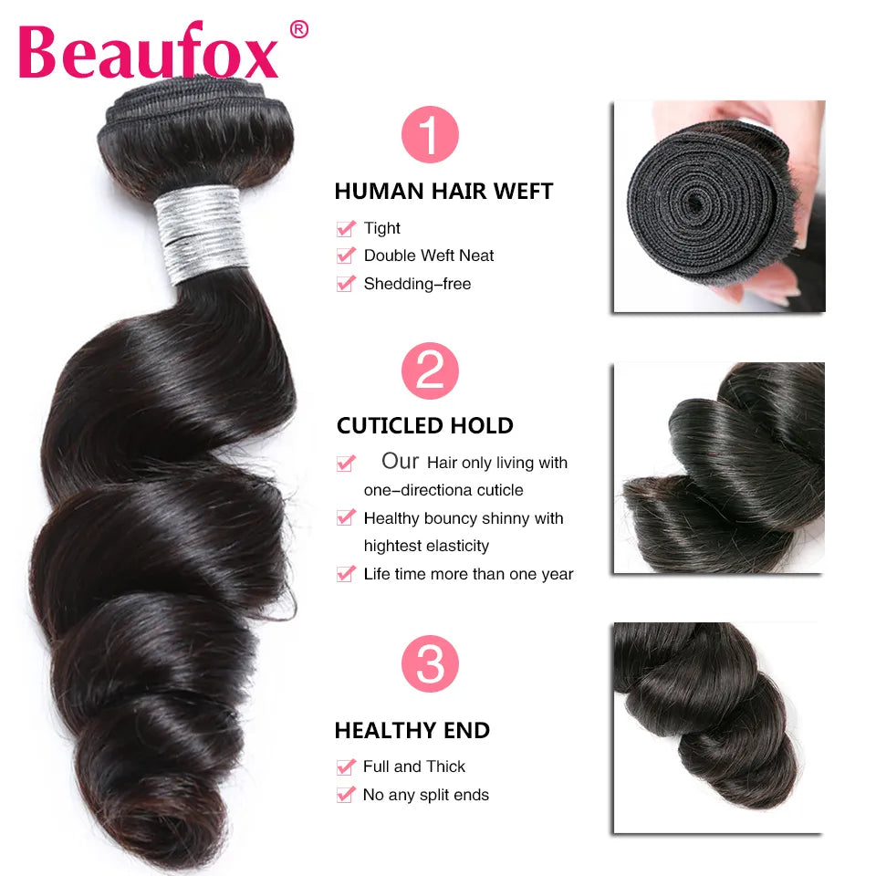 Beaufox Loose Wave Bundles Brazilian Hair Weave Bundles 1/3/4 PCS Human Hair Bundles Natural Black Remy Hair Extensions