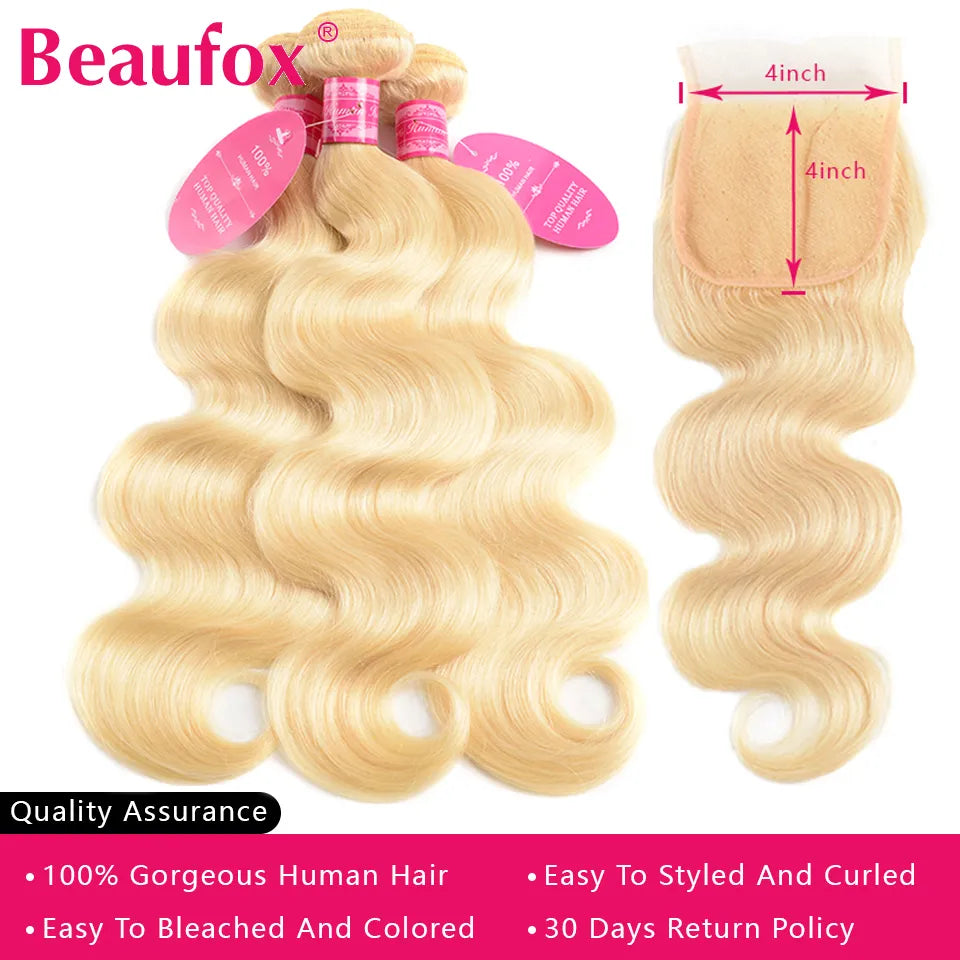 Beaufox 613 Blonde Bundles With Closure Brazilian Body Wave 3 Bundles With Closure Blonde Human Hair Bundles With Closure Remy