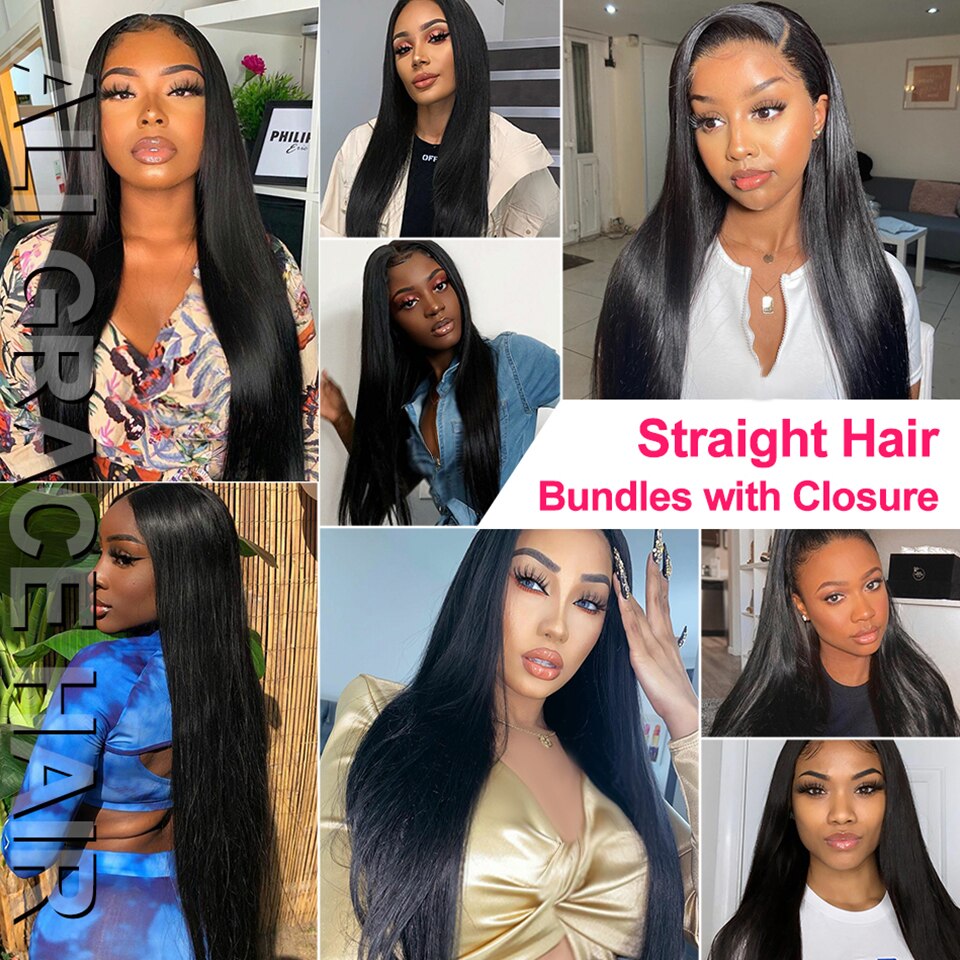 Ali Grace Straight Hair Bundles With Closure 4x4 Closure With Bundle Brazilian Human Hair Weave With HD Transparent Lace Closure